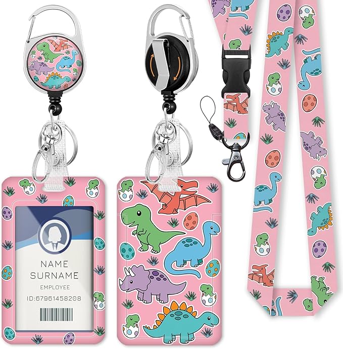 Cartoon Dinosaur Badge Reel Retractable Heavy Duty with 360° Swivel Carabiner Clip,Cute ID Badge Holder with Detachable Lanyard, ID Card Holder Keychain Name Badge Clip, Nurse Teacher Gifts