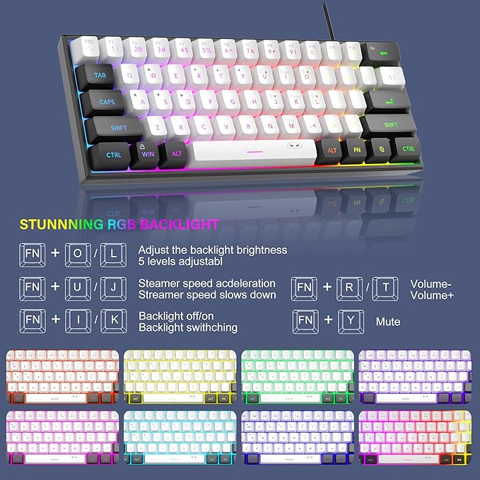 MageGee Mini 60% Gaming Keyboard, RGB Backlit 61 Key Ultra-Compact Keyboard, TS91 Ergonomic Waterproof Mechanical Feeling Office Computer Keyboard for PC, MAC, PS4, Xbox ONE Gamer(Black White)……