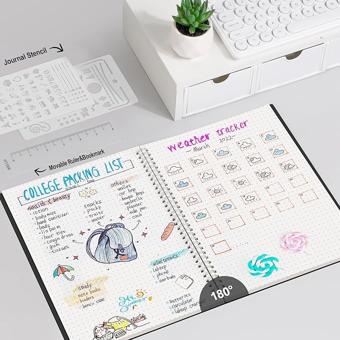 AHGXG Bullet Dotted Journal - Dot Grid Spiral Notebook 8.5" x 11", A4 Large Dotted Notebook, 100 GSM Thick Paper, Waterproof Plastic Cover Journals for Bullet Journaling, Sketching, Black