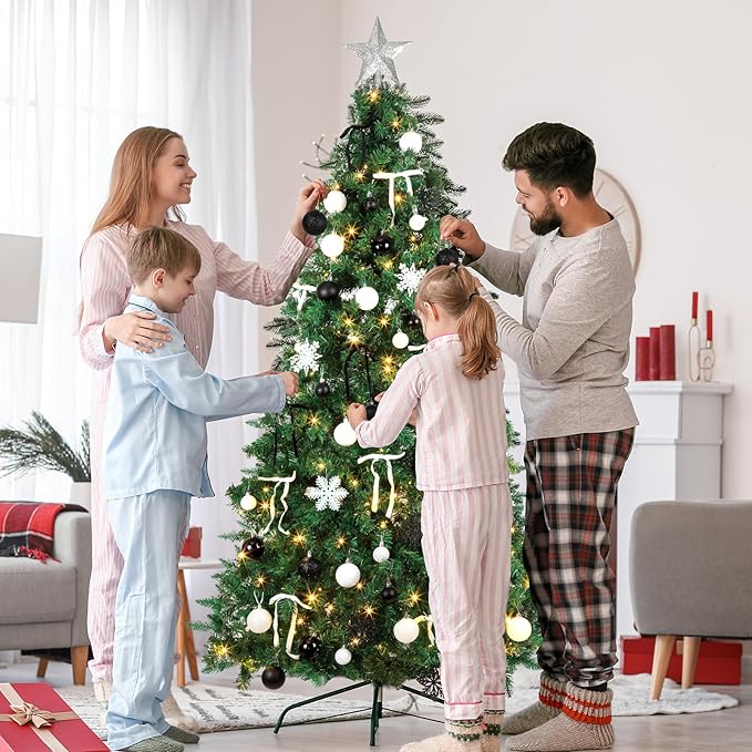 86Pcs Led Light Black and White Christmas Tree Decorations Set 100 Led Light Christmas Star Trees Topper with String Lights Xmas Balls Snowflakes Ornaments Bows Xmas Trees Decor 20m Light String