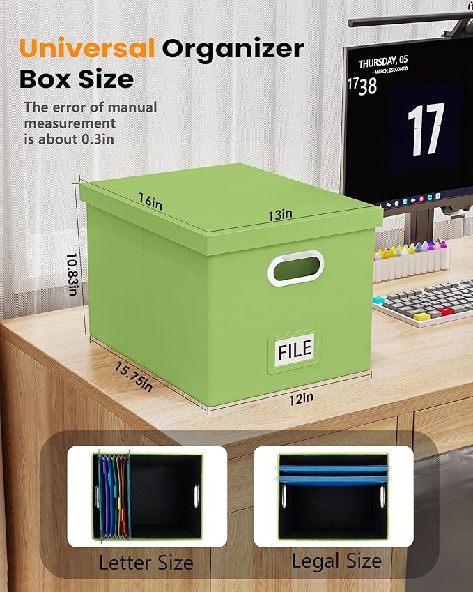 2 Pack File Storage Organizer, Portable File Box with Lid, Fit for Letter/Legal File Folder Storage, Fruit-green(Leather) Box