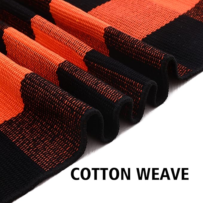 Fall Plaid Area Rug 3x5 Ft, Orange and Black Buffalo Check Large Farmhouse Cotton Rug, Hand-Woven Washable Indoor Outdoor Carpet for Halloween Thanksgiving Autumn Porch Patio Decor