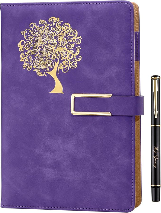 Fanery Sue Tree of Life Journal for Women&Men Refillable Writing A5 Journals for Writing with 200 Pages 100Gsm Diary Lay-Flat Faux Leather Hardcover Notebook with Pen&Magnetic Buckle(Purple)