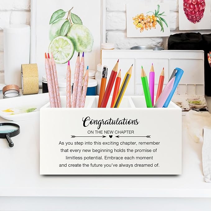Congratulations Gift Pen Pencil Holder Organizer for Desk, Graduation Gifts, New Job Gifts, Congratulations on the New Chapter Wooden Box Sign for Home Office Desk Tabletop Decorations