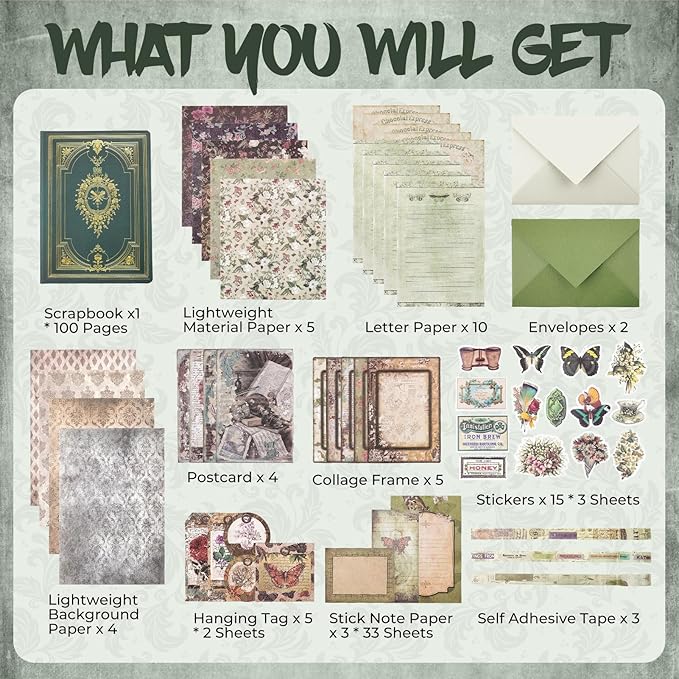 Funto Scrapbooking Kit (185 PCS), Medieval Chapter- Green Forest, Perfect for Bullet Scrapbooking Materials, Planner DIY Craft Collage