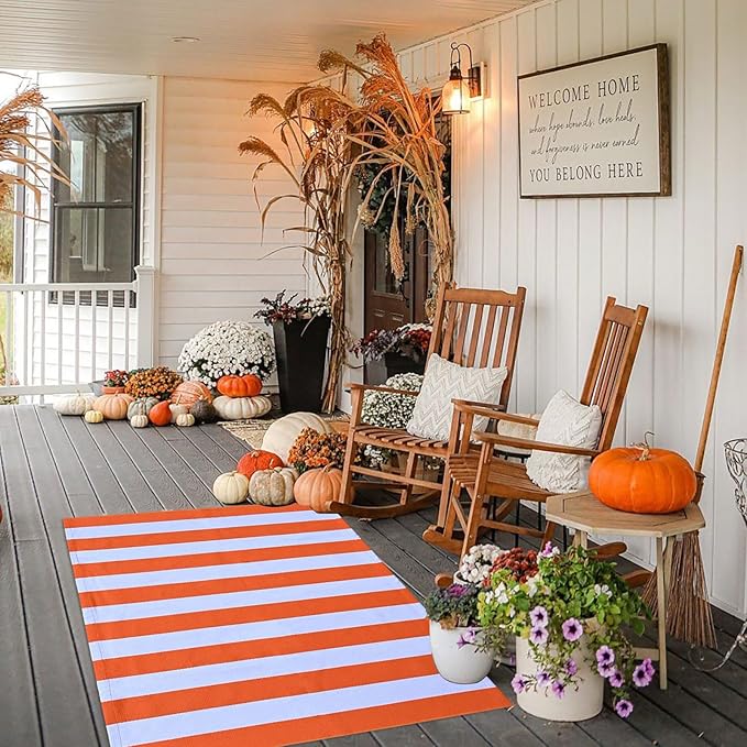 CAINANEL Fall Outdoor Rug 3' x 5' Orange and White Striepd Rug Front Door Mat Halloween Thanksgiving Fall Autumn Home Decor, Layerd Welcome Doormat for Front Porch Decor, Front Door, Farmhouse Decor
