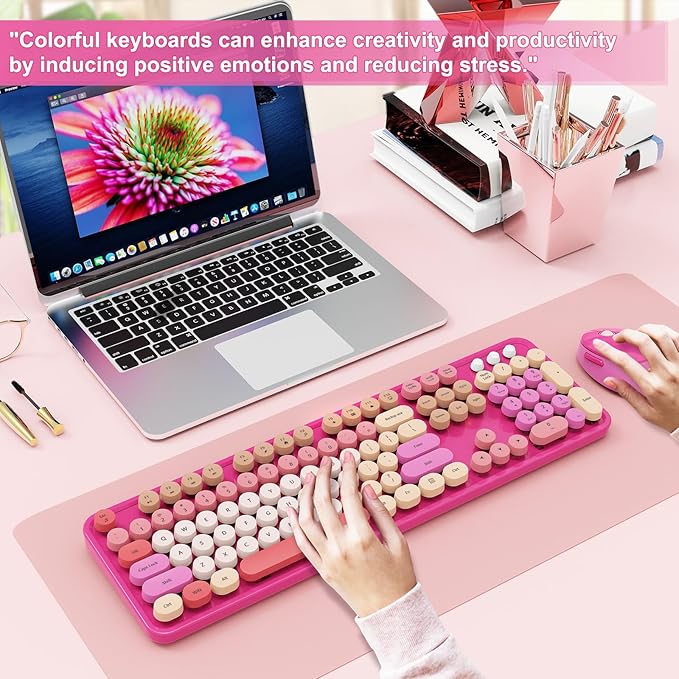Wireless Keyboard and Mouse Combo, Ergonomic Full Size Typewriter Retro Round Keycaps Keyboard, Compatible with Windows, PC, Perfer for Home and Office Keyboards （Red）