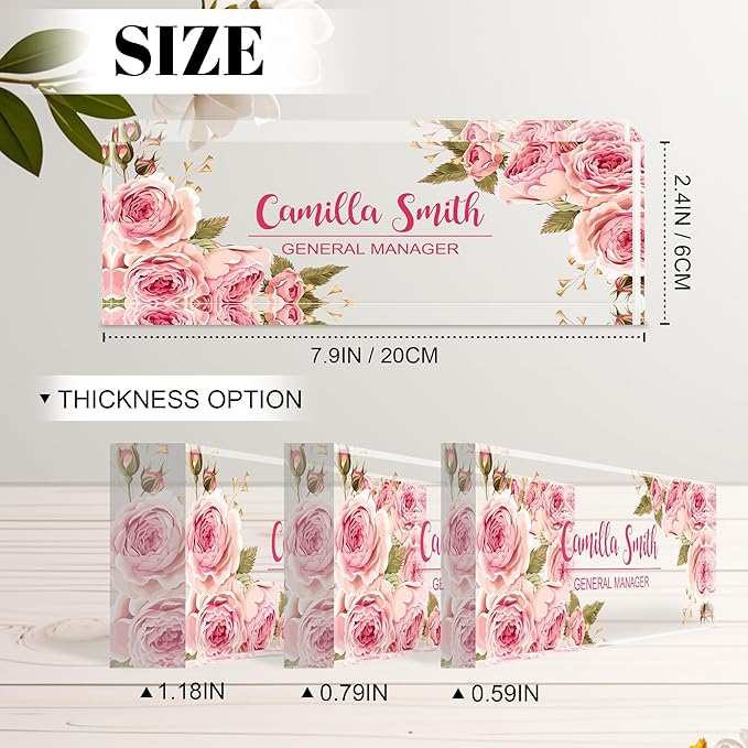 Ship Next Day Personalized Name Plate for Desk, Custom Acrylic Desk Name Sign, Office Appreciation Gifts for Women Men Coworkers Boss Teacher Employee (Pink Rose)