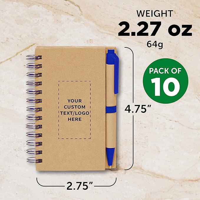 Custom Mini Spiral Notebooks with Black Ink Pens Set of 10, Personalized Bulk Pack - Perfect for School, Office, Business, Home - Blue