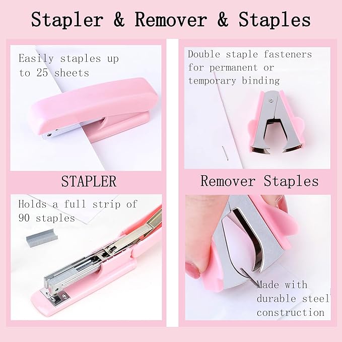 Pink Office Desk Accessories Supplies, 12pcs Desk Organizers and Accessories with Tape dispenser and Stapler,Staples,Staple Remover,Pen Holder,Scissor,Ruler,Sticky Tabs,Tape,Ballpoint Pen,Clips Set