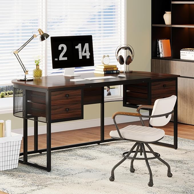 Tribesigns 63-Inch Executive Desk with 4 Drawers, Large Home Office Desk Computer Desk, Business Furniture Desk Workstation for Home Office, Dark Walnut