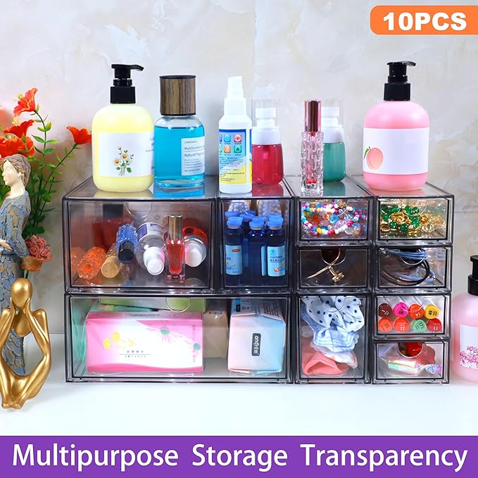 10 Pack Acrylic Makeup Organizer Clear Stackable Desk Organizers Dustproof Drawer for Make Up,Jewelry,Pen, Stationary