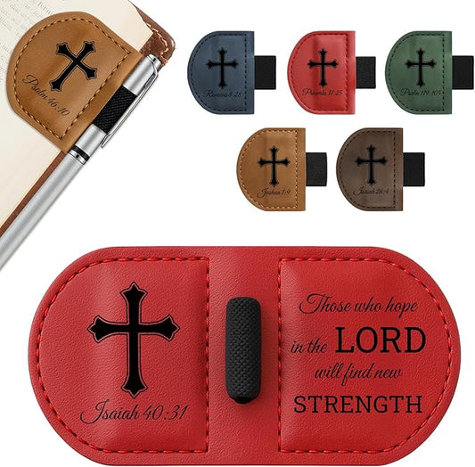 Bygone Mark Personalized Magnetic Leather Bookmark with Pen Holder - Inspirational Bible Verse Scripture Design, Custom Book Marker for Book Lovers Men Women (Red-Isaiah 40:31)