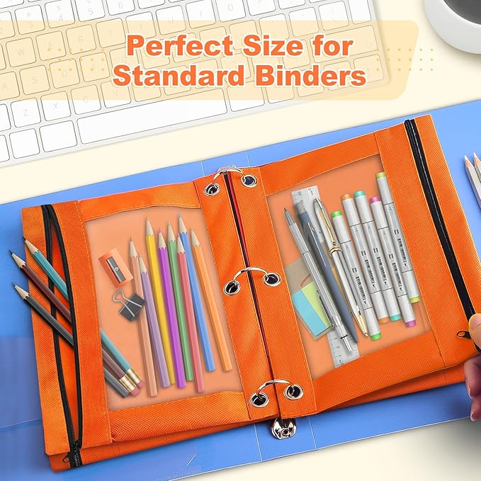 Shemira Pencil Pouch for 3 Ring Binder, Binder Pencil Pouch with Smooth Zipper, Clear Window Pencil Case for Binder, Zipper Pencil Pouches, Big Capacity 3 Ring Binder Pencil Bag, Orange
