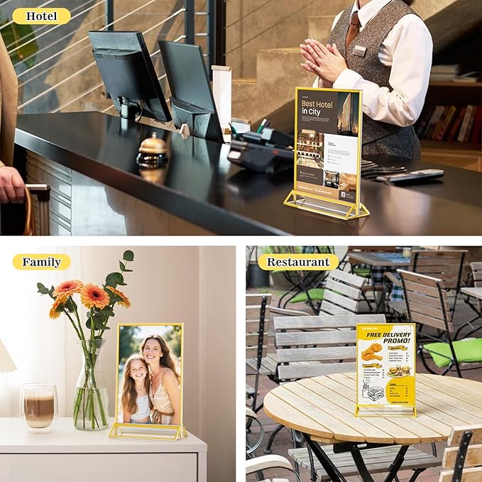 5 x 7 Acrylic Sign Holder - Double Sided Gold Picture Frame - Tabletop Display Menu Stand - Clear Plastic T Shape Vertical Paper Holders - 6 Pack