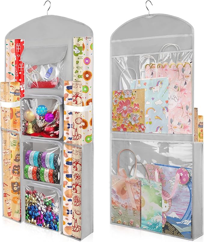 Hanging Gift Wrapping Paper Storage, 40"X17" Grey Double-Sided Christmas Wrapper Bag Container, Oxford Craft Roll Organizer, Present Wrap Holder for Bedroom Closet, Door, Cabinet