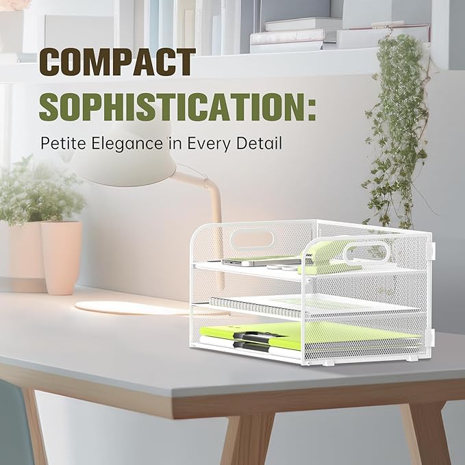 Daltack 3-Tier Paper Organizer With Handle, Mesh Desk Letter Tray for A4 File Folder, White