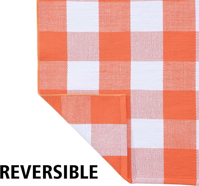 Ckorzen Fall Plaid Rug 28" x 43", Orange and White Buffalo Check Front Porch Outdoor Layered Doormat, Cotton Hand-Woven Washable Rug for Halloween Thanksgiving Autumn Decor