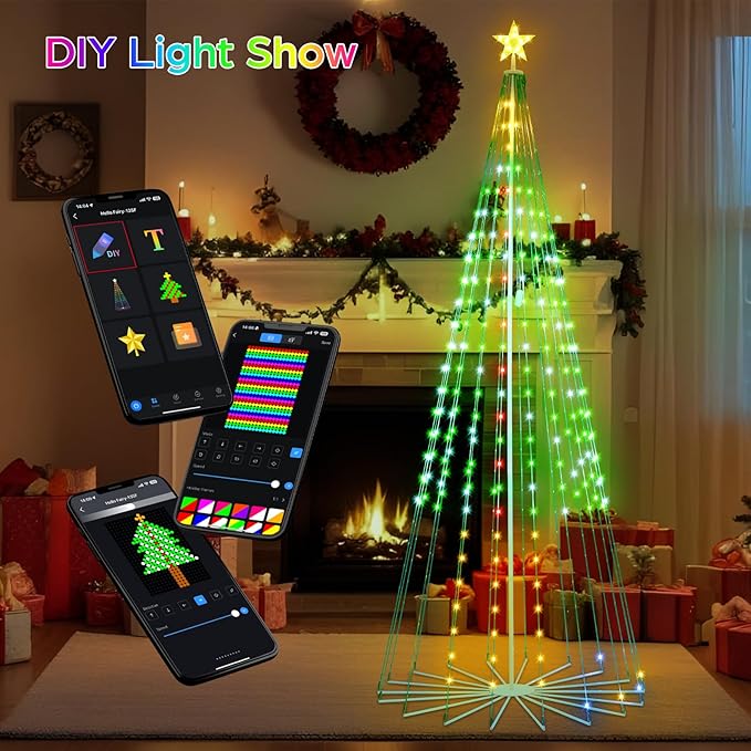 10FT Smart Christmas Tree Lights with App & Remote Control, 514 RGB Color Changing LED Cone Tree Lights, Music Sync, Custom Light Show, IP44 Waterproof Outdoor Decoration for Xmas, New Year, Parties