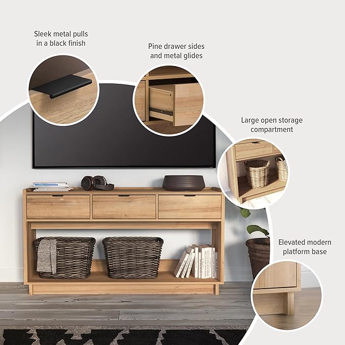 Prepac Natural Oak Simply Modern Entryway Table, Narrow Console Table with 3 Drawers, Media Console with Storage, 15.75" D x 60.25" W x 32" H