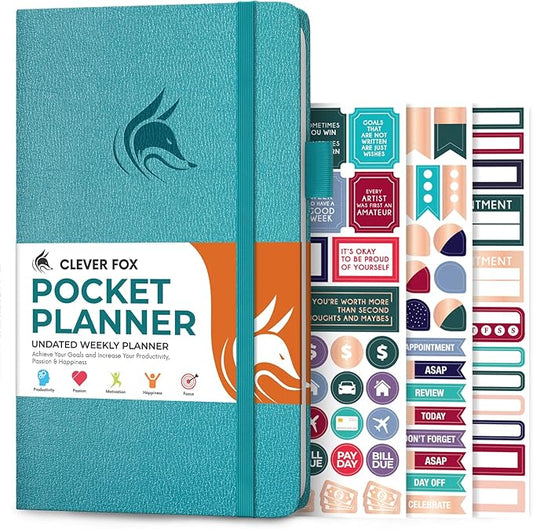 Clever Fox Pocket Planner Weekly – Undated Monthly Goal Planner and Calendar, Mini Planner Perfect for Purse, 3.7x6.7" (Aquamarine)
