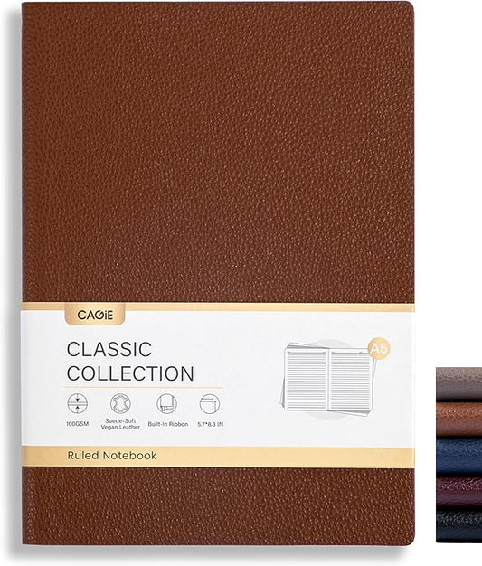 CAGIE Lined Journal Notebook for Men & Women,176 Pages A5 Medium Size Softcover Leather Journals for Writing,Travel,Business,Work & School, 100 GSM Thick Paper (5.7'' x 8.3'') (Brown)