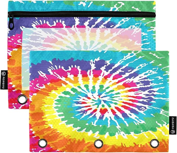 ALAZA Pencil Pouch for 3 Ring Binder, Tie Dye Binder Pencil Pouches with Clear Window Zipper Pencil Case Cosmetic Bags for Office College Supplies, 2PCS
