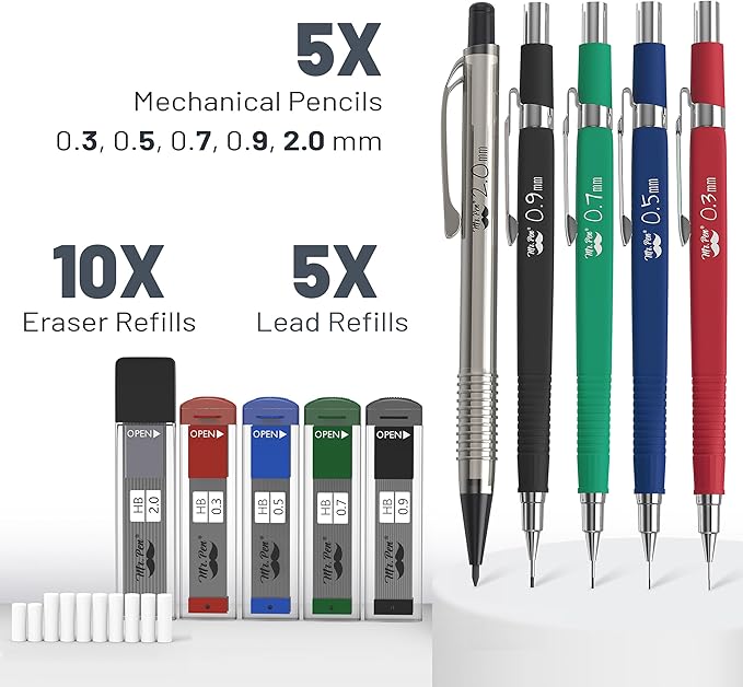 Mr. Pen Mechanical Pencil Set with Lead and Eraser Refills, 5 Sizes - 0.3, 0.5, 0.7, 0.9 and 2 Millimeters, Drafting, Sketching, Illustrations, Architecture, Back to School Supplies