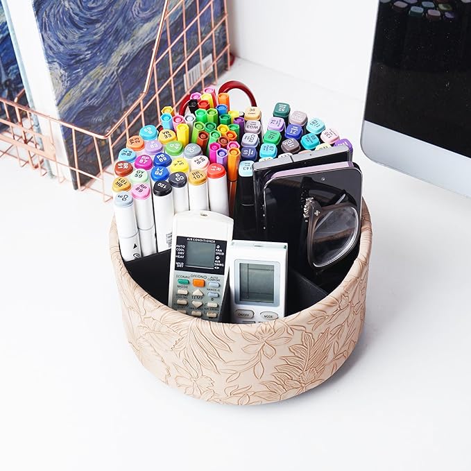 Hennaja Remote Control Holder, 360°Spinning PU Leather Desk TV Remote Caddy,Desk Storage Box Room Accessories for Controller, Media,Mail,Calculator, Mobile Phone,Pencil(1-Carved Light Brown)