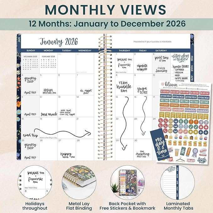 bloom daily planners 2026 Planner (January - December) Calendar Year Organizer - 5.5” x 8.25” - Weekly & Monthly Agenda Book with Stickers & Bookmark - Garden Party, Navy