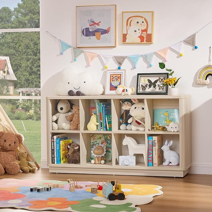 8 Cube Storage Bookcase, 52" Long Horizontal Book Shelf w/Curved Edge, Wooden Floor Standing 2-Tier Cubby Console Bookshelf with Base, Modern Low TV Stand for Living Room, White Cream Oak