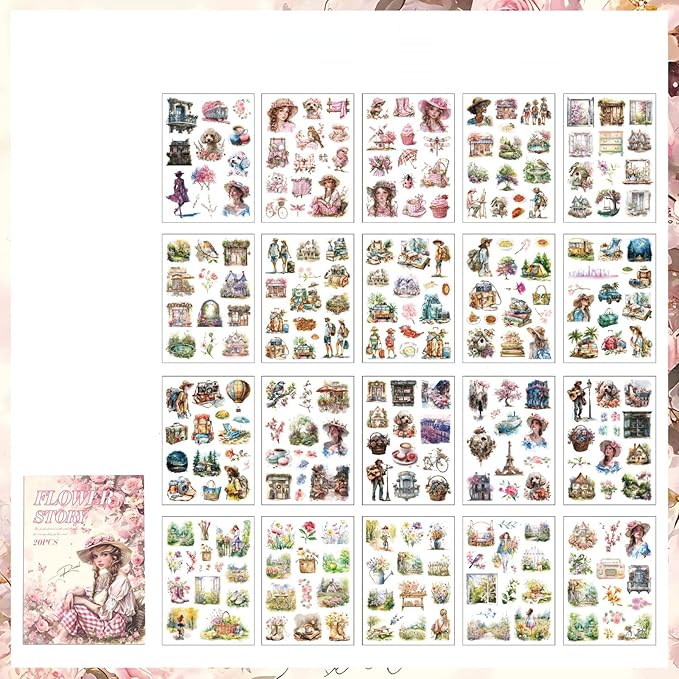 TIAMECH Stories Among Flowers Sticker Book - Girls Travel Series, 20 Sheets PET & Washi Stickers for Scrapbooking, Ephemera, Waterproof Junk Journaling Supplies & DIY Crafts (Size 10.5 x 7.1in)
