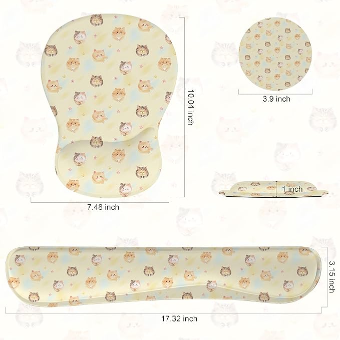 Wrist Rest Support for Mouse Pad Keyboard Set Circle Coaster Gaming Mouse Pad Ergonomic Gel Memory Foam Set for Computer, Laptop, Office, Pain Relief, Comfortably Typing Cat KM-35