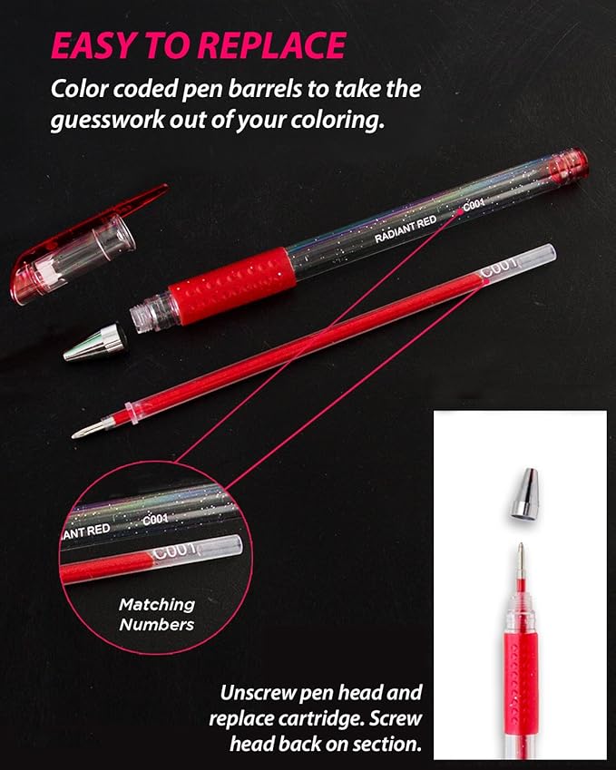 ColorIt 48 Gel Pen Ink Refills for Glitter, Metallic, and Neon - Color Coded for Easy Replacement (Gel)