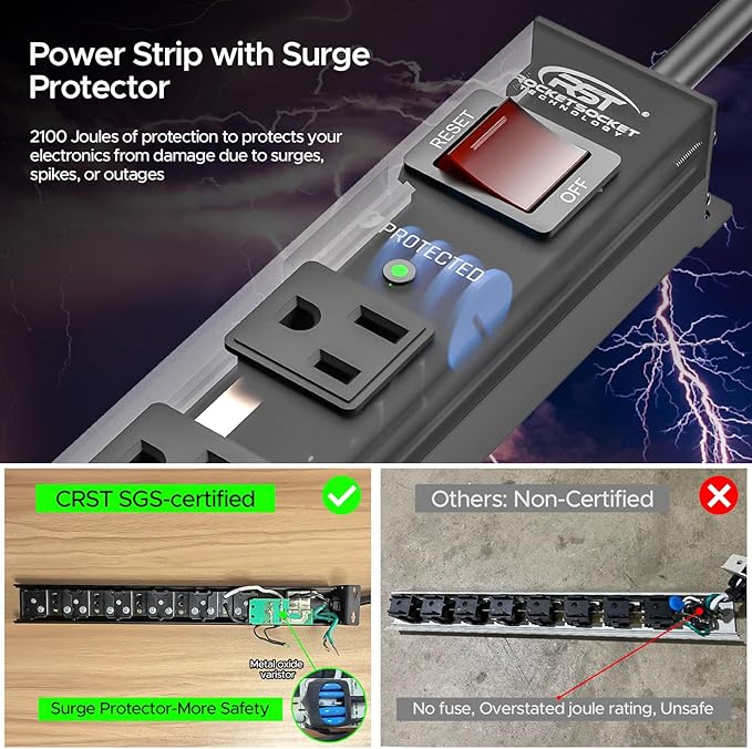 CRST 2 Pack 8 Outlet Metal Heavy Duty Power Strip with Switch, 2100J Surge Protector, Mountable Wide Spaced Power Strip, 6 FT 14AWG, 15A/1875W