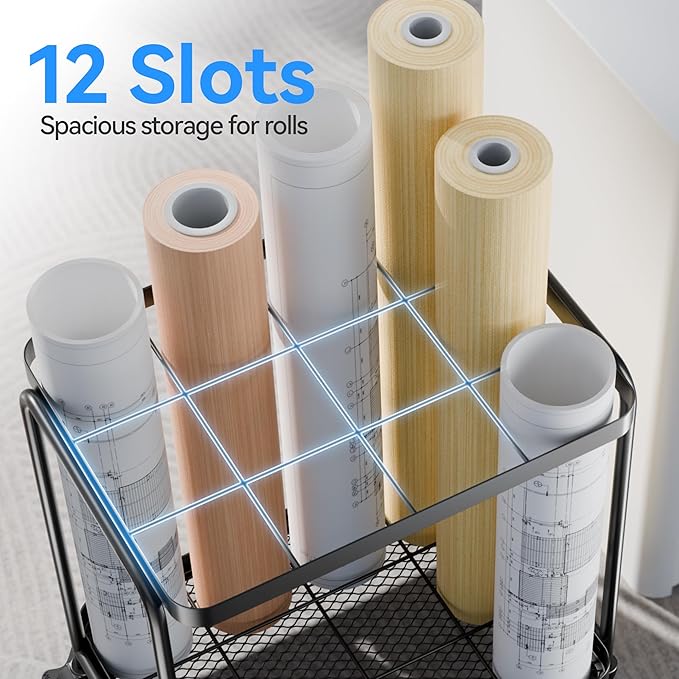 Gift Wrap Storage - Blueprint Holder with Wheels,12 Slots Wrapping Paper Organizer Storage, Sturdy Cart for Organizing Construction Plans, Artwork,Map,Posters in Home/Office/School