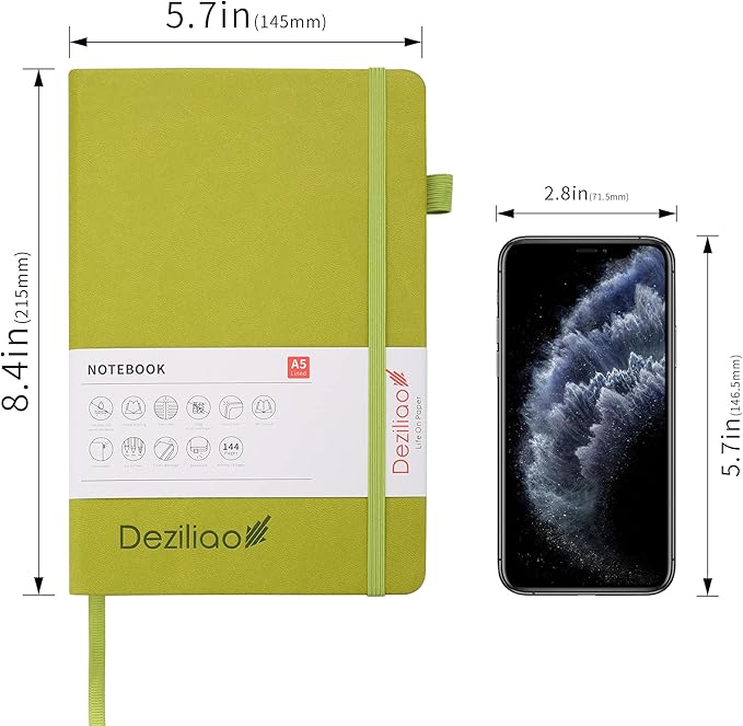 Deziliao Lined Journal Notebooks with Pen Loop, Hardcover Notebook Journal for Work, 100Gsm Premium Thick Paper with Inner Pocket, Medium 5.7"x8.4", （Green, Ruled）