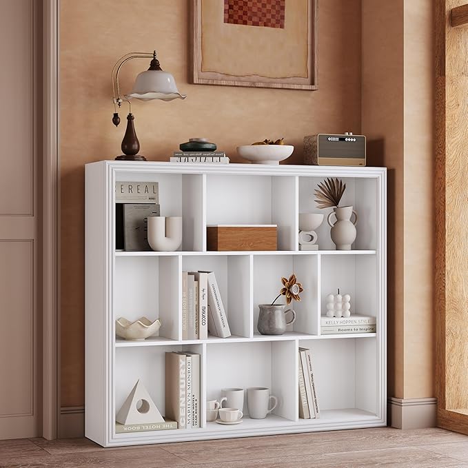 Wooden 10-Cube Storage Organizer, 3-Tier Bookshelf, Wood White Bookshelf, Bookcase, Cubical Storage Shelf with 3 Removable Back Panels for Bedroom Home and Office