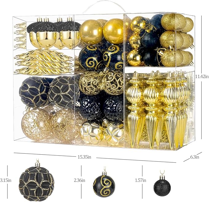123pcs Christmas Ball Ornaments Set, Shatterproof Plastic Balls for Classic Xmas Decorations, Hanging Ornaments for Christmas Tree, Holiday, Bridal, Home Party, Gold and Black