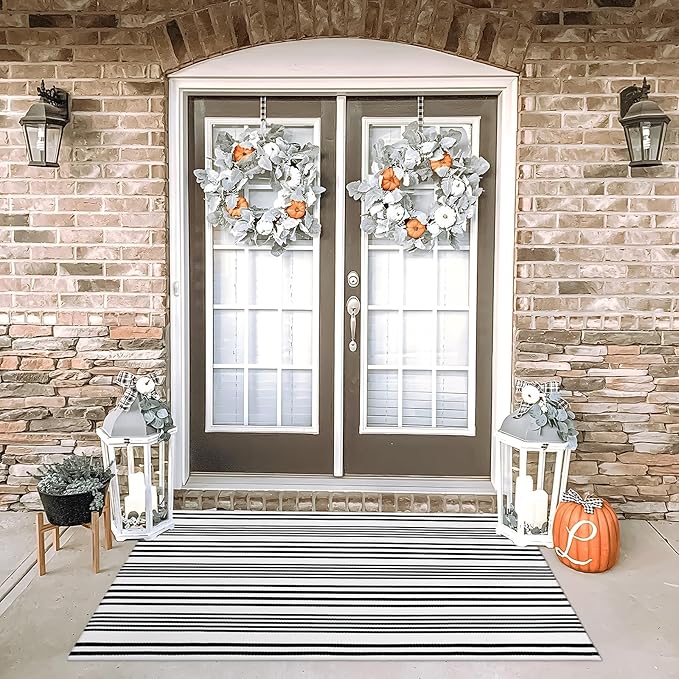 OJIA Outdoor Area Rug 4'x6', Black and White Outdoor Rug Machine Washable Patio Rugs Cotton Hand Woven Door Mats Indoor Outdoor Striped Rugs for Front Porch/Deck/Backyard/Living Room