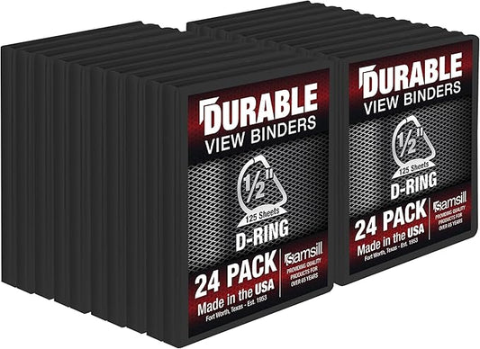 Samsill Durable 0.5 Inch Binder, Made in The USA, D Ring Binder, Customizable Clear View Cover, Black, 24 Pack, Each Holds 125 Pages