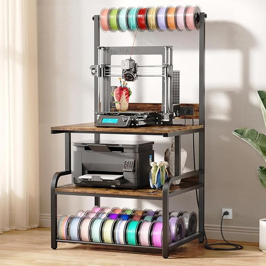 Homieasy Printer Stand with Charging Station, 29.1" x 22.8" Large 3D Printer Table with Filament Storage, Heavy Duty Rolling Printer Cart with 4-Tier Storage for Workshop/Office/Garage, Rustic Brown