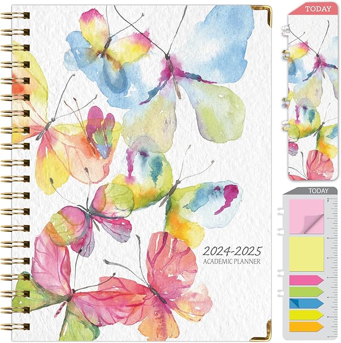 HARDCOVER Academic Year 2024-2025 Planner: (June 2024 Through July 2025) 8.5"x11" Daily Weekly Monthly Planner Yearly Agenda. Bookmark, Pocket Folder and Sticky Note Set (Watercolor Butterflies)