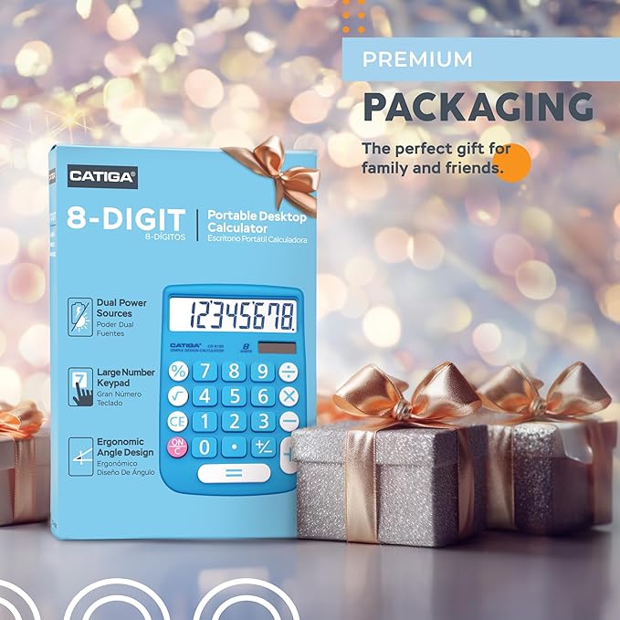 CATIGA Desktop Calculator 8 Digit with Solar Power and LCD Display, Big Buttons, for Home, Office, School, Class and Business, 4 Function Small Basic Calculators for Desk, CD-8185