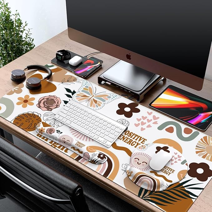 iCasso Desk Mat, Gaming Mouse Pad Wrist Support Set,4in1 XXL Large Mousepad + Keyboard Wrist Rest+Mouse Wrist Rest+Coaster Set with Ergonomic Design for Home Office Table Computer-Sticker