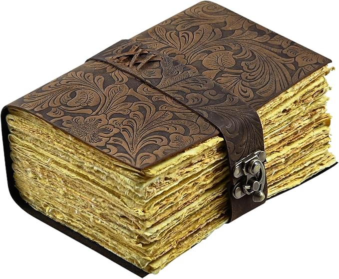 400 Page Leather Journal - Antique Handmade Deckle Edge Vintage Paper Leather Bound Journal - Book of Shadows Journal - Leather Sketchbook - Drawing Journal - Great Gift 7X5 Lock Brown