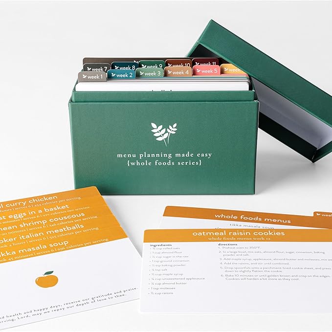 Meal Planner with 72 Recipe Cards (Whole Foods Menu) - Weekly Menu Planner | Sturdy Recipe Box | 12 Reusable Grocery Shopping Lists | 5 Blank Recipe Cards | Recipe Card Protector | Recipe Ideas