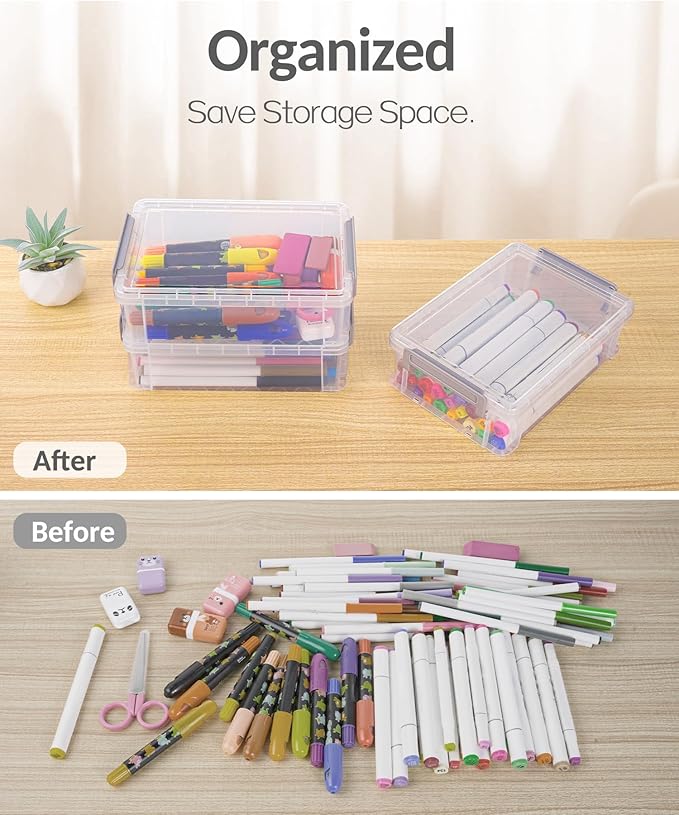 Sooez 6 Pack Extra Large Pencil Box, Plastic Hard Pencil Case Crayon Box Bulk, Clear Marker Organizer Plastic Containers with Lid, Stackable Storage Boxes for Art Craft, Back to School Supplies, Multi