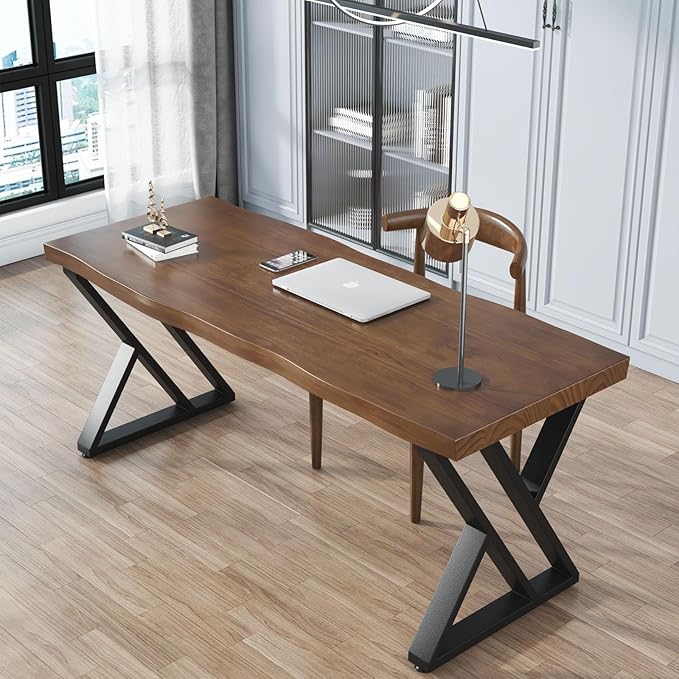 Rustic Style Solid Wood 55-inch Computer Desk - Large Office Desk for Home Office, Modern and Simple Design, Ideal for Study, Writing, Dining