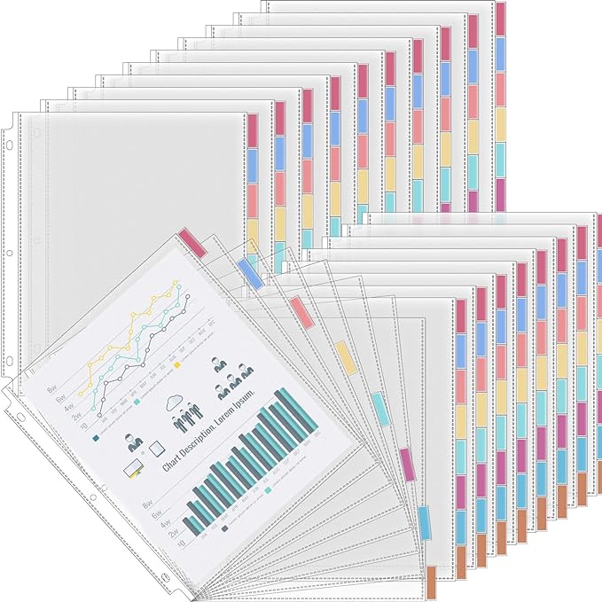 ReliThick 30 Set of 240 Pack Clear Sheet Protectors 8.5 x 11 Inch Page Protector for 3 Ring Binder with 8 Tabs Plastic Dividers for 3 Ring Binder, Insertable Index Page Divider Multicolor Tabs